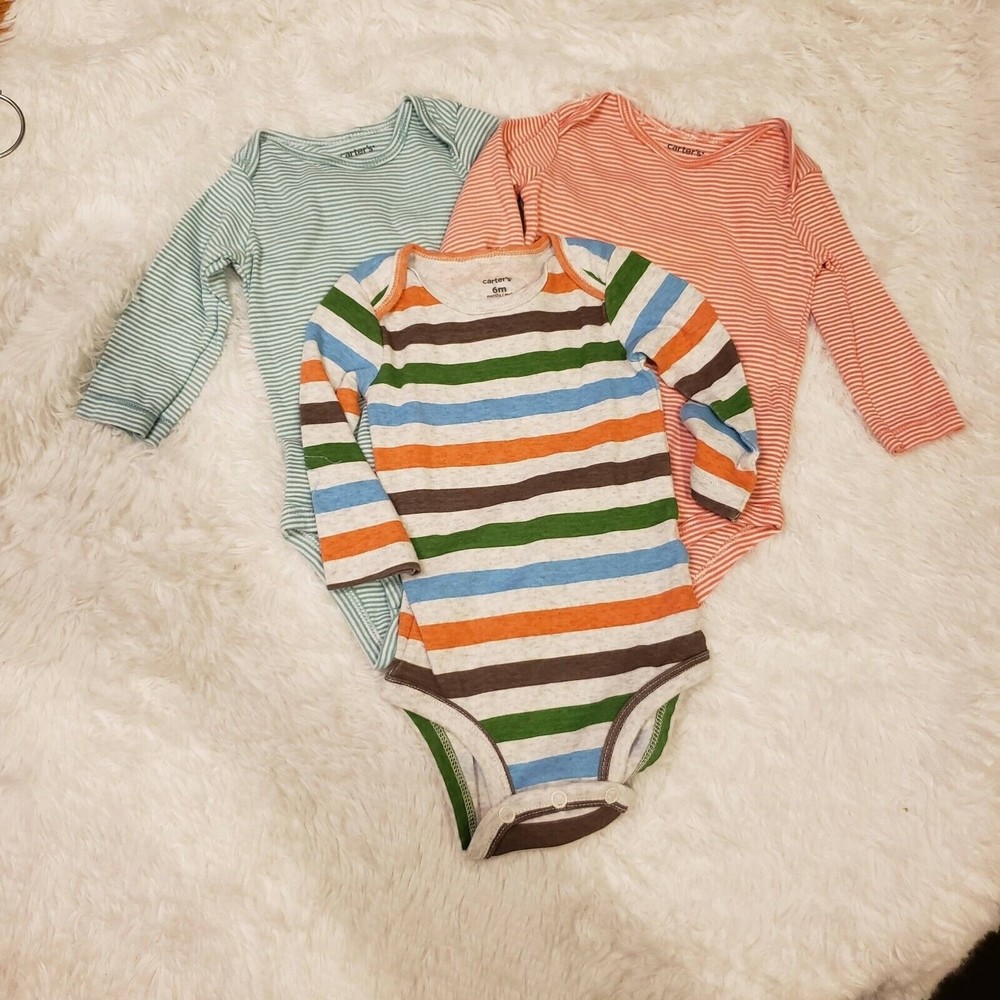 3 Carter 6 Month One-Pc Baby Outfits Stripes Long Sleeve Snap Closure Undershirt